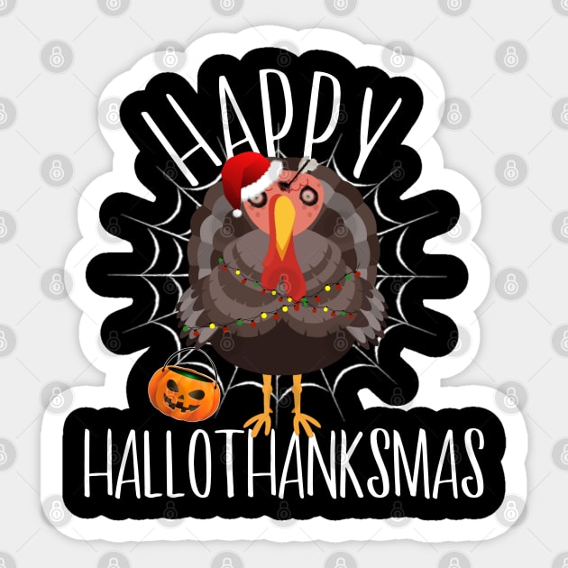 Funny Turkey Zombie Thanksgiving Xmas Halloween Happy HalloThanksMas Sticker by AmbersDesignsCo